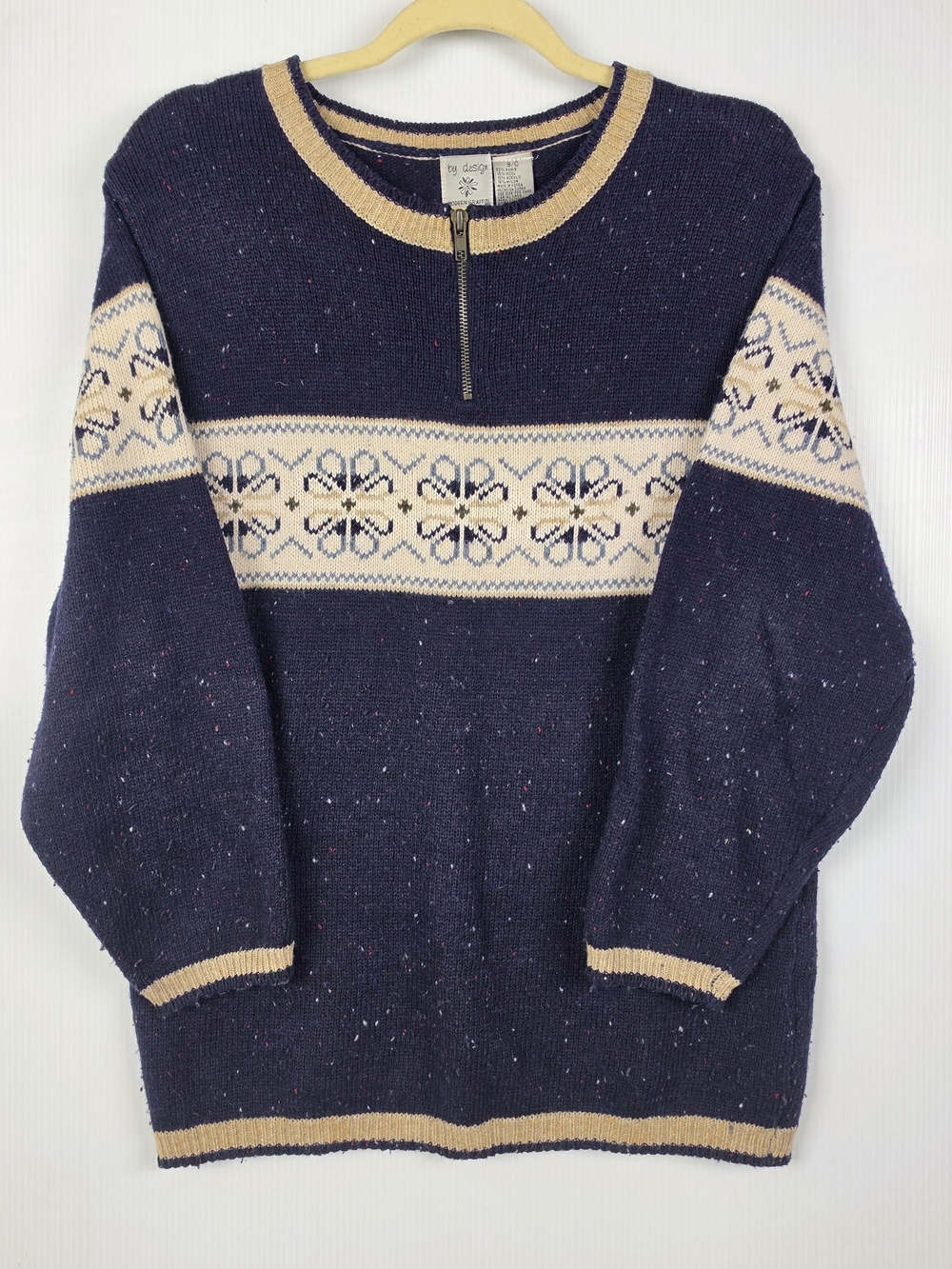 Navy Half Zip Fair Isle Sweater with Cream Accents, By Design